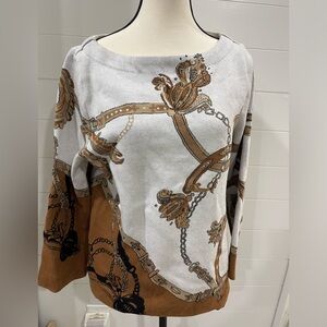 Chicos ivory tan equestrian theme cotton blend unique sweater sz 1